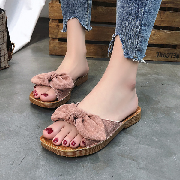 Papuci casual cu talpă plată și panglică de piele intoarsa