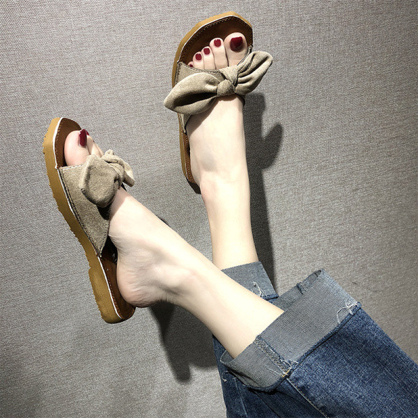 Papuci casual cu talpă plată și panglică de piele intoarsa