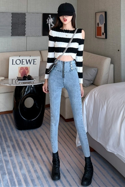 Вталени дамски дънки с висока талия, цип и копчета 