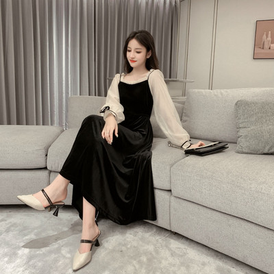 Moderna ženska duga haljina s četvrtastim izrezom i rukavima od tila