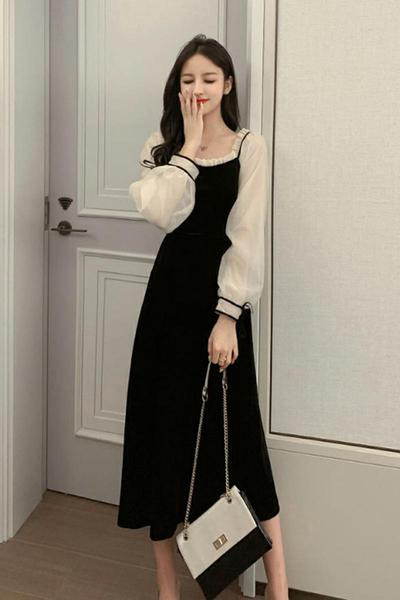 Moderna ženska duga haljina s četvrtastim izrezom i rukavima od tila