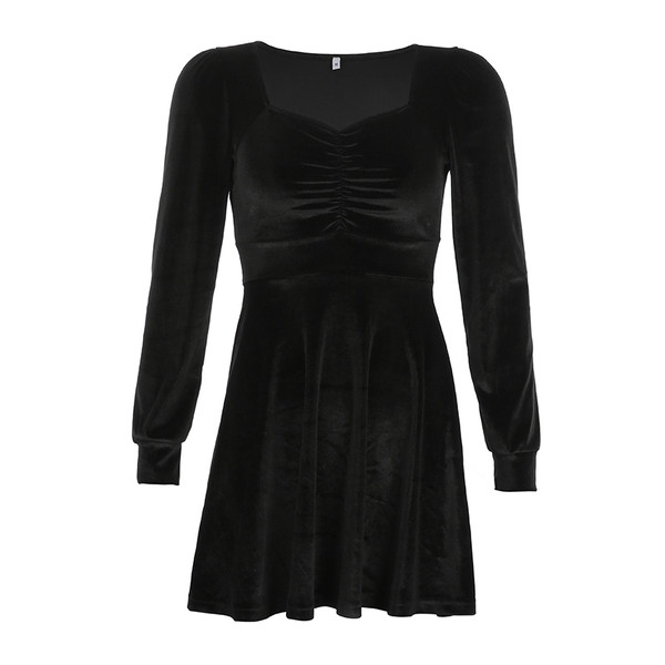 Ikdienas sieviešu samta kleita ar kvadrātveida kakla izgriezumu un garām piedurknēm