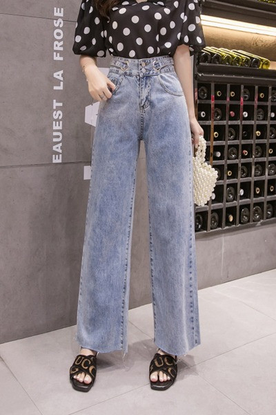 Model larg de blugi de dama cu talie inalta