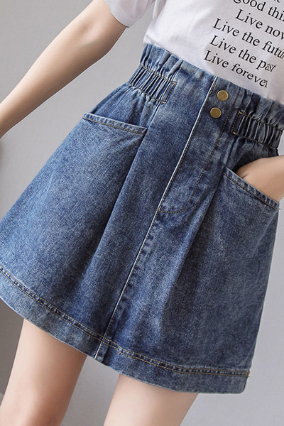 Retro stiliaus moteriškas džinsinis sijonas su kišenėmis ir sagomis