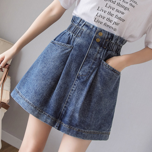 Retro stiliaus moteriškas džinsinis sijonas su kišenėmis ir sagomis