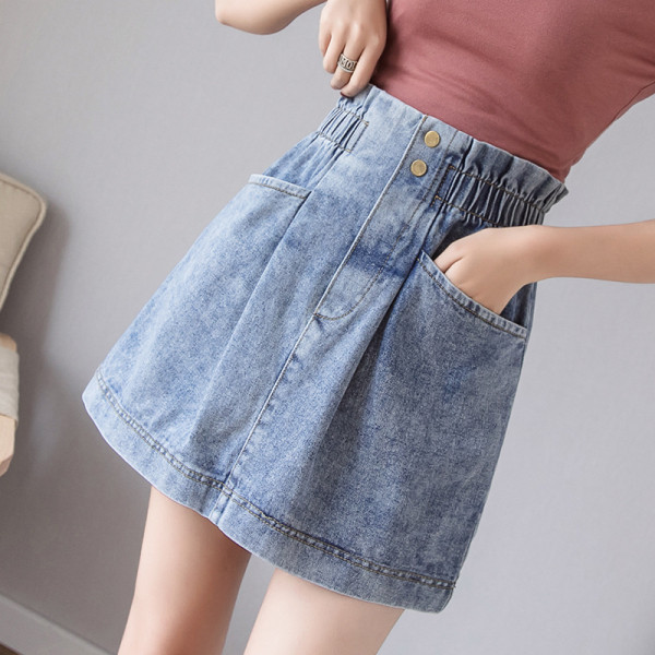 Retro stiliaus moteriškas džinsinis sijonas su kišenėmis ir sagomis