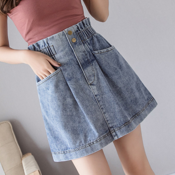 Retro stiliaus moteriškas džinsinis sijonas su kišenėmis ir sagomis