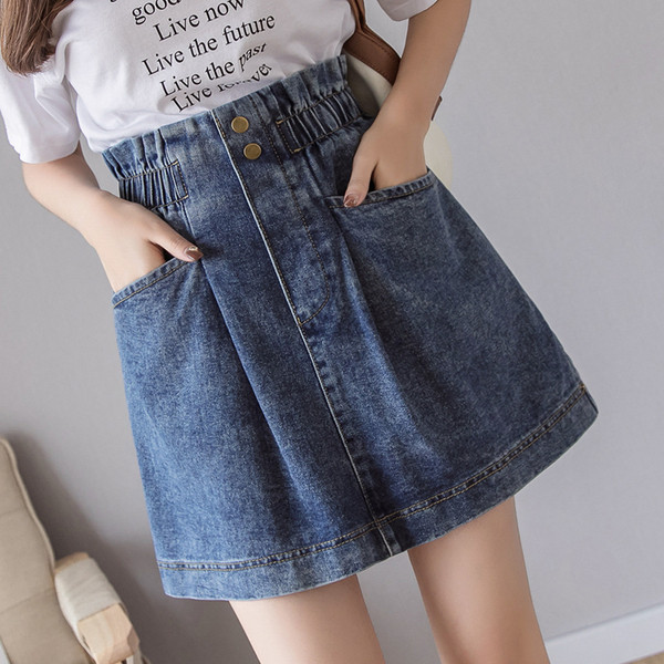 Retro stiliaus moteriškas džinsinis sijonas su kišenėmis ir sagomis