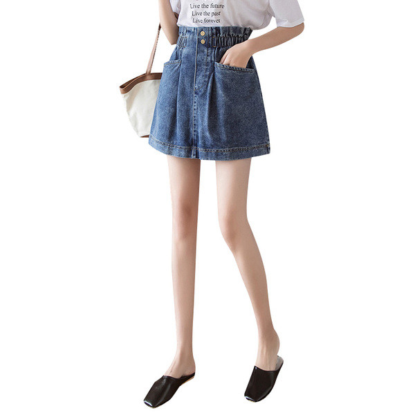 Retro stiliaus moteriškas džinsinis sijonas su kišenėmis ir sagomis