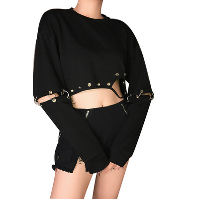 Jauna modeļa īsa sieviešu blūze ar saplēstiem motīviem un metāla elementiem