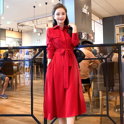 Novi model duge ženske haljine sa pojasom u struku i džepovima