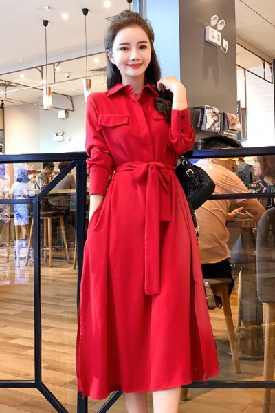 Novi model duge ženske haljine sa pojasom u struku i džepovima