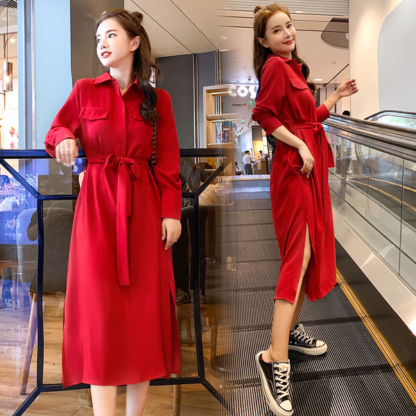 Novi model duge ženske haljine sa pojasom u struku i džepovima