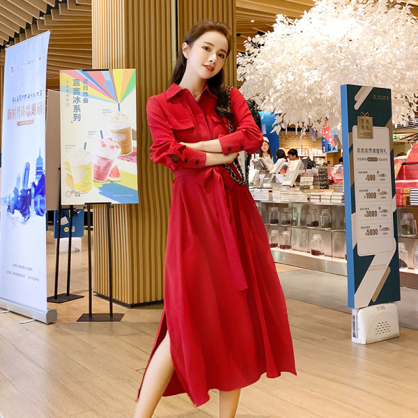 Novi model duge ženske haljine sa pojasom u struku i džepovima