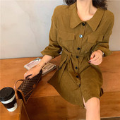 Moderna sieviešu kleita ar pogām, jostiņu un kabatām