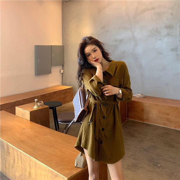 Moderna sieviešu kleita ar pogām, jostiņu un kabatām