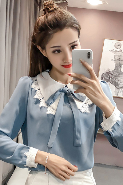 Cămașă de șifon de damă cu dantelă și cravate