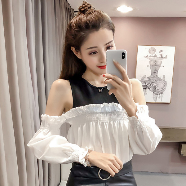 Rūtains sieviešu krekls ar atkailinātiem pleciem un garām piedurknēm