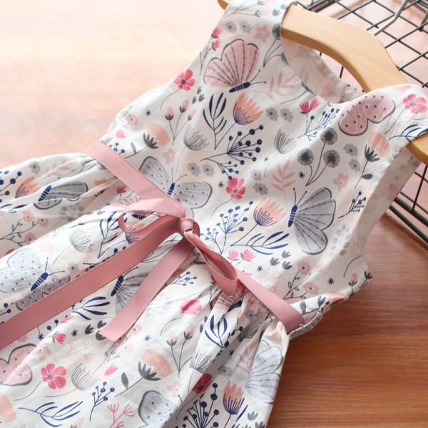 Naujo modelio vaikiška gėlių ir drugelių suknelė su dirželiu