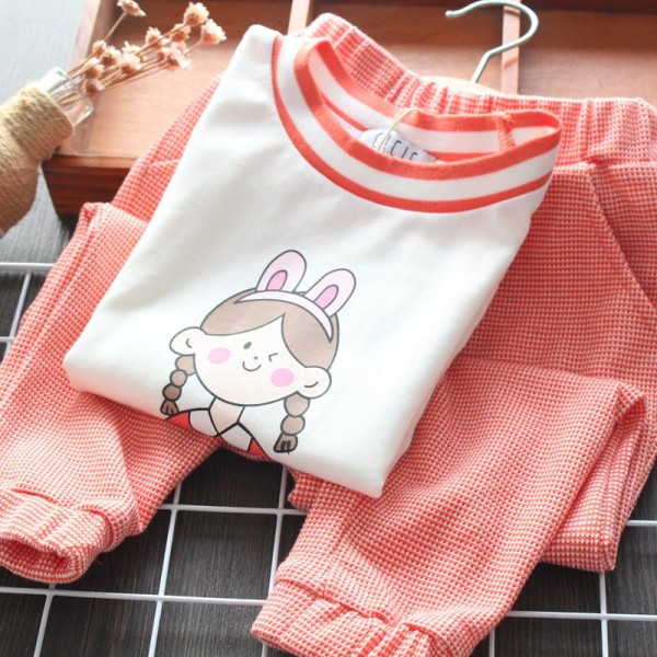 Šiuolaikiškas vaikiškas komplektas mergaitėms dviejų dalių palaidinė su raštu + languotos kelnės