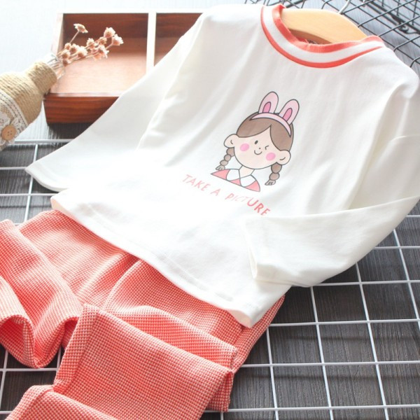 Šiuolaikiškas vaikiškas komplektas mergaitėms dviejų dalių palaidinė su raštu + languotos kelnės