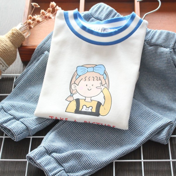 Šiuolaikiškas vaikiškas komplektas mergaitėms dviejų dalių palaidinė su raštu + languotos kelnės