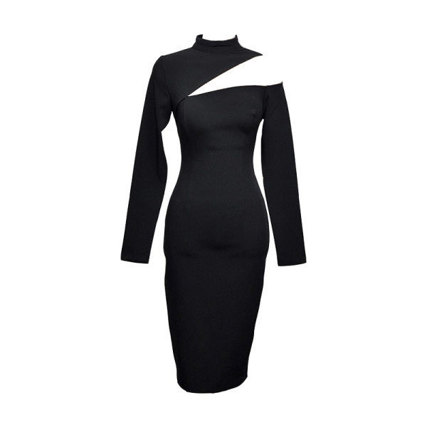 Stilingas juodos moteriškos suknelės modelis ilgomis rankovėmis ir iškirpte