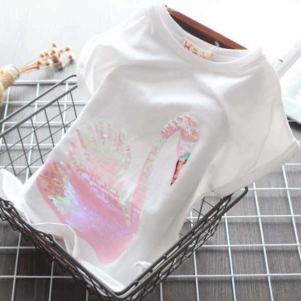 Modernūs vaikiški marškinėliai trumpomis rankovėmis ir blizgučiais mergaitėms