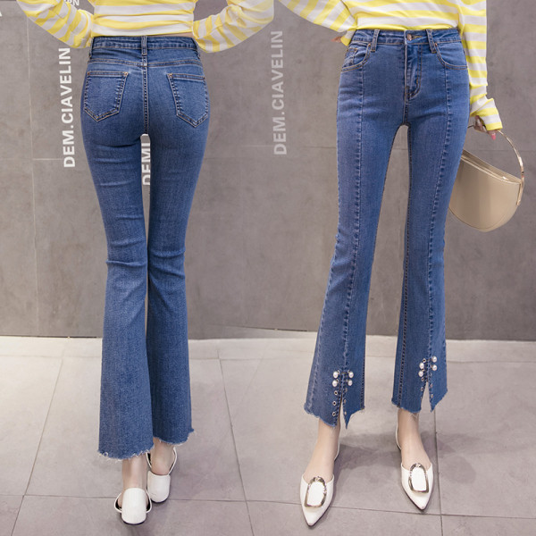 Új női farmer modell gyöngyökkel és magas derékkal