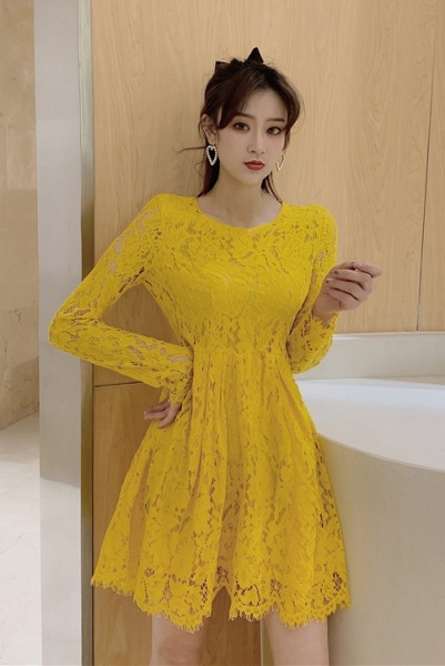 Sárga női ruha szabású csipke modell, hosszú ujjal