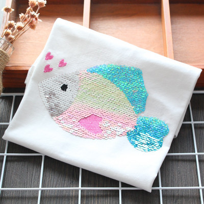 Модерна детска тениска с пайети и къс ръкав за момичета