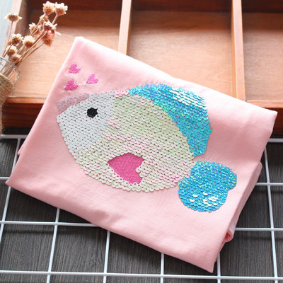 Модерна детска тениска с пайети и къс ръкав за момичета