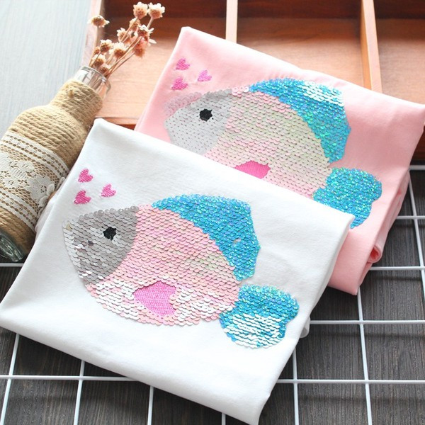 Модерна детска тениска с пайети и къс ръкав за момичета