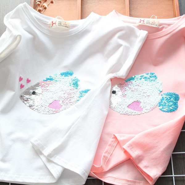 Модерна детска тениска с пайети и къс ръкав за момичета