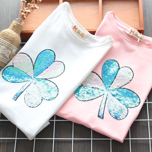 Paprasti vaikiški marškinėliai mergaitėms su blizgučiais ir trumpomis rankovėmis