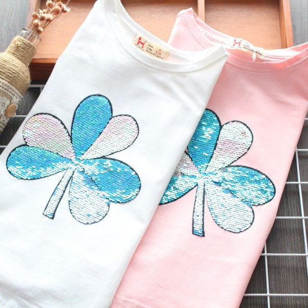 Paprasti vaikiški marškinėliai mergaitėms su blizgučiais ir trumpomis rankovėmis