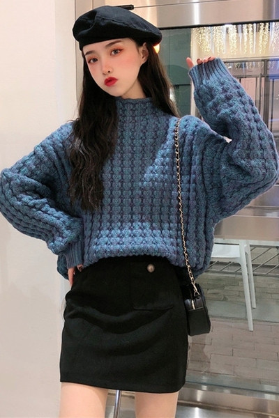 Pulover de damă modern albastru cu guler semi-înalt