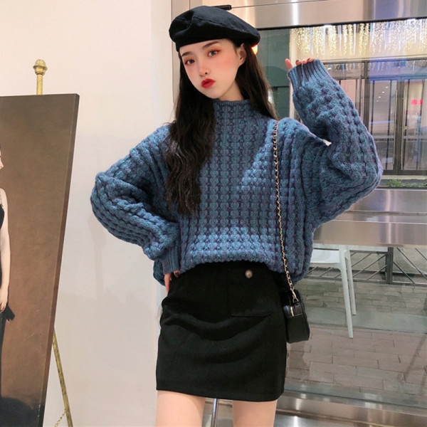 Pulover de damă modern albastru cu guler semi-înalt