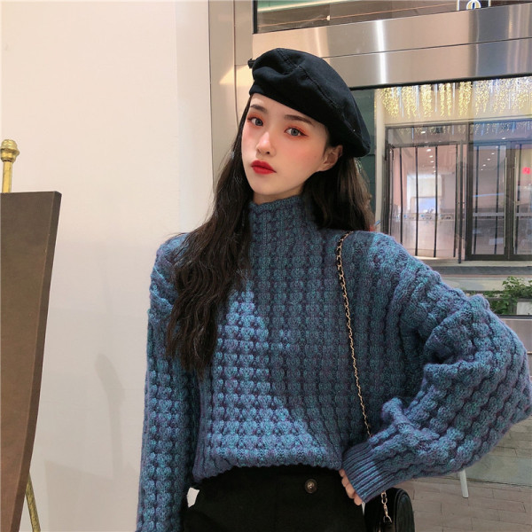 Pulover de damă modern albastru cu guler semi-înalt