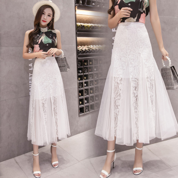 Dabartinis moteriškas ilgas nėriniuotas sijonas su tiuliu