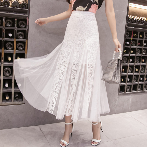 Dabartinis moteriškas ilgas nėriniuotas sijonas su tiuliu