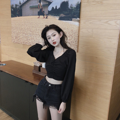 Bluză scurtă modernă de damă, cu decolteu spitz și mâneci lungi