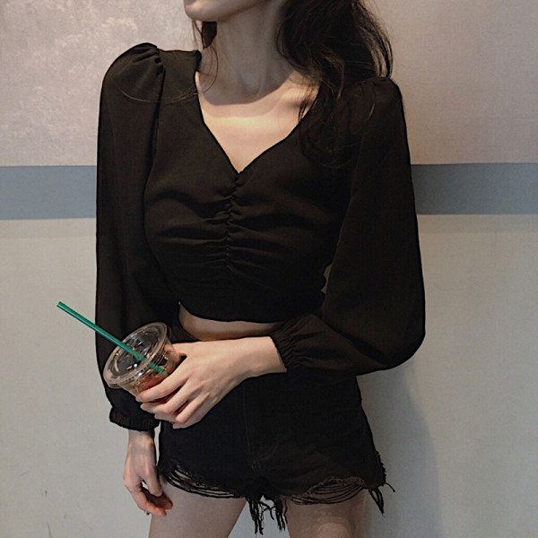 Bluză scurtă modernă de damă, cu decolteu spitz și mâneci lungi