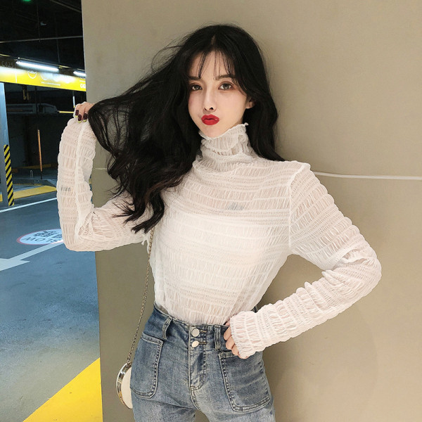 Moderni moteriška palaidinė aukšta apykakle ir ilgomis rankovėmis