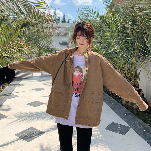 Ženska aktualna traper jakna s poluvisokim širokim ovratnikom