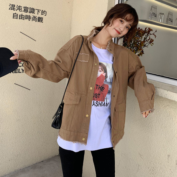 Ženska aktualna traper jakna s poluvisokim širokim ovratnikom