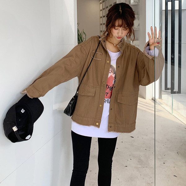 Ženska aktualna traper jakna s poluvisokim širokim ovratnikom