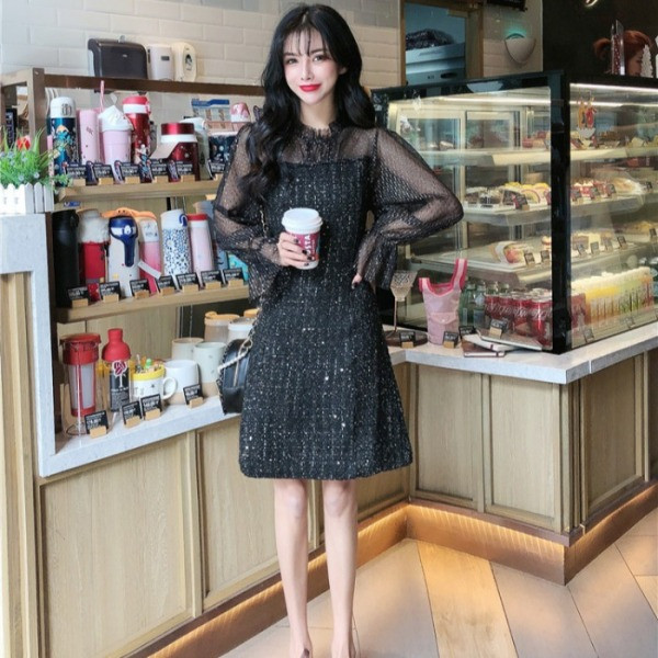 Moderna ženska haljina s dugim rukavima od tila i ovalnim izrezom