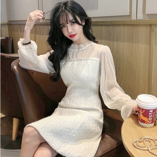 Moderna ženska haljina s dugim rukavima od tila i ovalnim izrezom