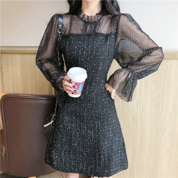 Moderna ženska haljina s dugim rukavima od tila i ovalnim izrezom